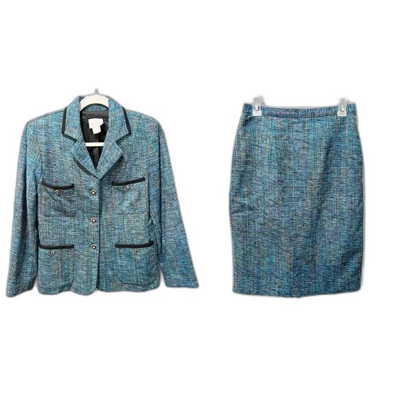 Vtg Brownstone Studio Womens Green Colorful Tweed Blazer Pencil Skirt Set 8P - Picture 1 of 16